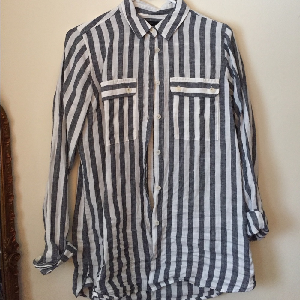 J.Crew navy/white stripe linen button up. 4 Tall